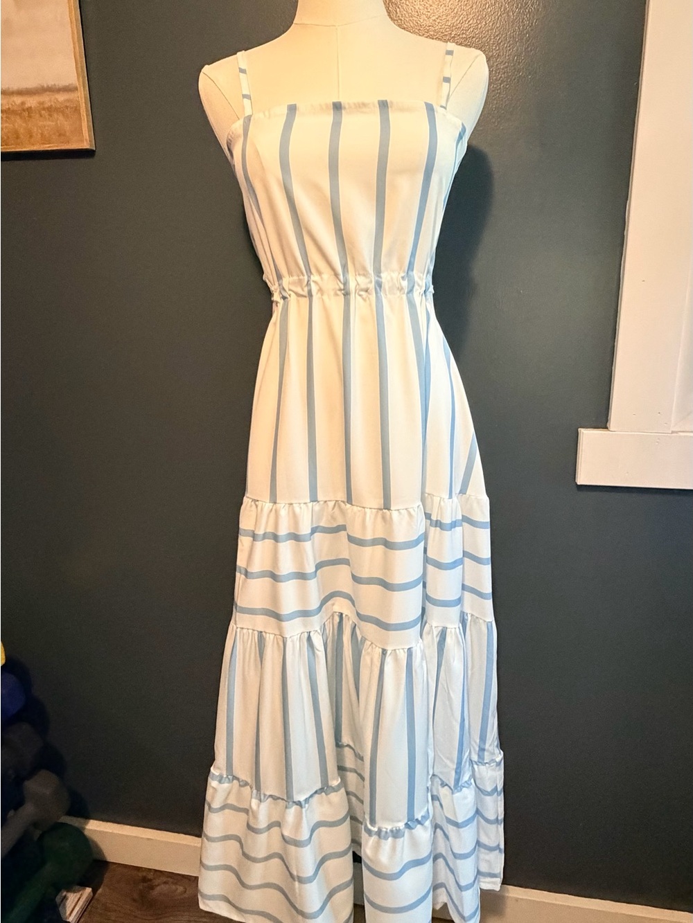 Spaghetti Strap Open Back Light Blue Stripe Midi Dress with Tiered Skirt